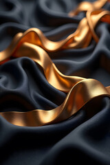 A close-up of blue satin fabric with a gold ribbon weaving through folds.