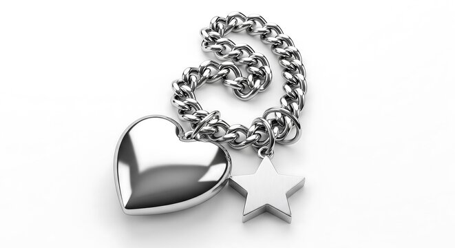 Elegant silver keychain featuring a polished heart and star charm with a small lock pendant, isolated on white background, perfect for accessories and gifts.