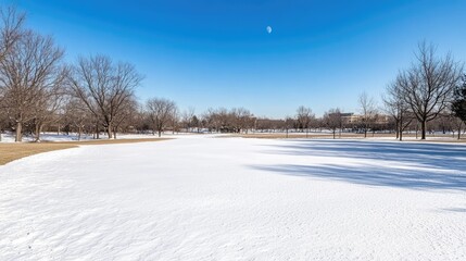 Obraz premium A tranquil winter landscape features a blue moon rising on the horizon above a snow-covered field, surrounded by leafless trees and rolling hills