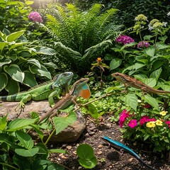 Lizards in a Lush Garden - A Colorful Reptilian Gathering.