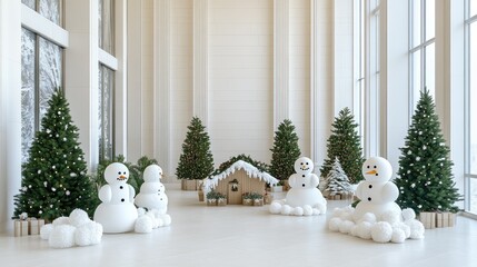 A large gingerbread house showcases intricate details, surrounded by evergreen trees and Christmas decorations, creating a charming holiday atmosphere