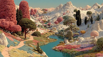  Golden autumn trees and hiking trails covered with red leaves. Generative AI