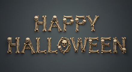 Creative Happy Halloween typography made from metallic gold bones and skulls on a dark textured background