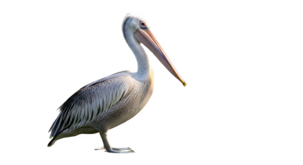 A majestic pelican stands gracefully in the shallow water, bathed in the soft, diffused light.