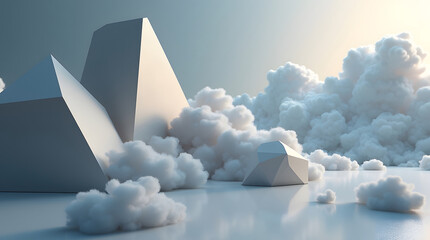 A geometric landscape with tall angular mountains and fluffy clouds over a reflective surface. Abstract scene close up.