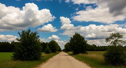 Scenic Country Road Under a Cloudy Blue Sky.
