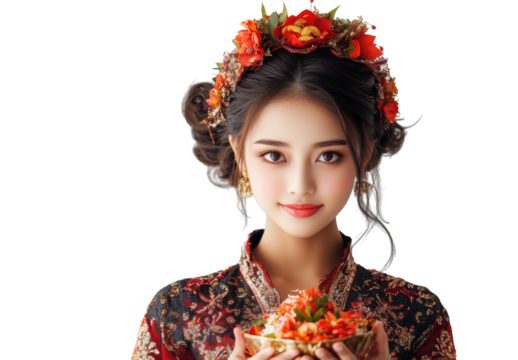 Woman in Floral Headpiece Holding Flowers on Transparent Background