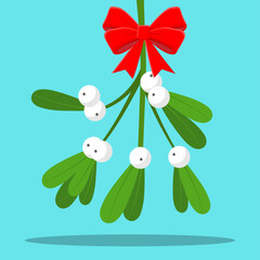 Sprig of Christmas Mistletoe with white berries and a red bow, Festive graphic element