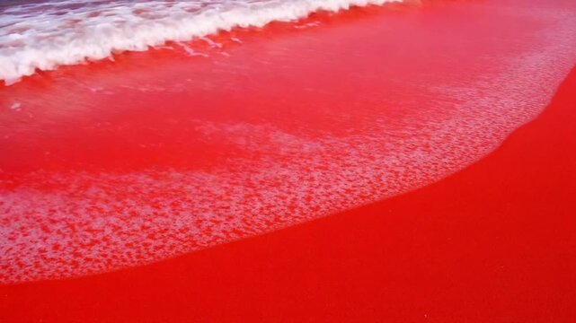 Crimson Tide - A Surreal Beachscape of Red Sand and Foaming Waves.