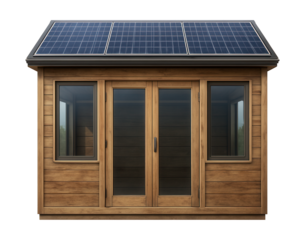 An eco-friendly utility shed with solar panels for sustainable storage solutions.