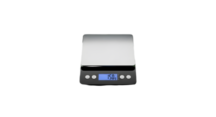 A minimalist digital kitchen scale on a green surface shows a weight of 150 grams in the center.