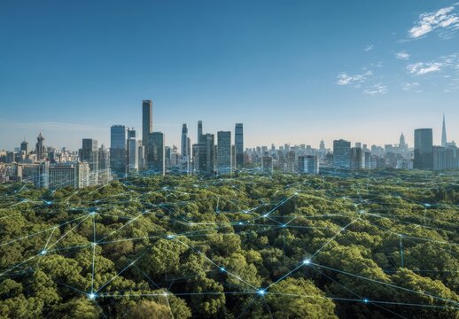 City Skyline with Green Park and Digital Network Overlay in Modern Urban Environment