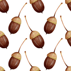 Watercolor seamless pattern with acorns on a white background. Ideal for autumn design, forest-themed decor, packaging, fabric prints, stationery, eco branding, and seasonal projects