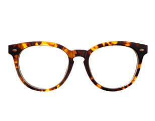  Close-Up Tortoise Shell Eyeglasses with Clear Lenses on Wooden Surface transparent background.