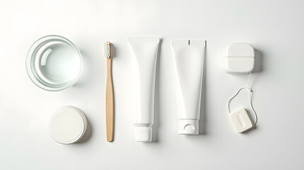 A dental care set laid out on a clean surface featuring toothbrush, toothpaste, floss, rinse, and a glass of water. Personal care close up.