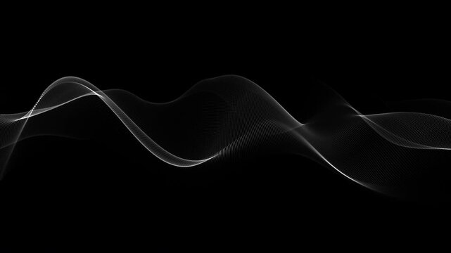 Abstract futuristic black background with glowing white dots in a wave pattern motion seamless loop. Features smooth-flowing waveforms with a minimalistic digital design.