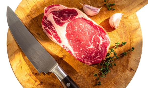 Raw Meat Preparation with Chef’s Knife and Herbs, Rustic Kitchen Style, Isolated on White Background, PNG - Powered by Adobe