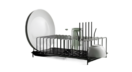 A minimalistic dish rack holds a white plate, glass, and bowl on a pale green surface, upscale