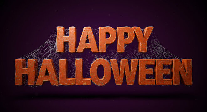 Spooky 3D textured Happy Halloween greeting with spiderweb on dark purple background, perfect for festive digital graphics and seasonal decorations