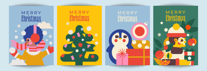Set of cute Merry Christmas illustrations in flat colorful style. Posters with boy and girl celebrating winter holidays, penguin, gifts, and Christmas tree. Warm tones, soft shapes, joyful atmosphere
