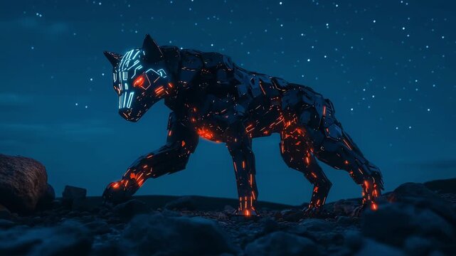 A metallic wolf with glowing patterns walks through a rocky terrain beneath twinkling stars at night
