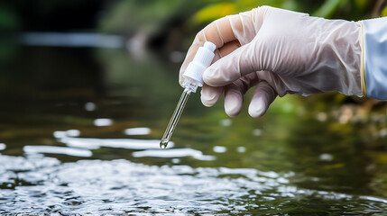 Water Sample Collection: Gloved hand holds a pipette, extracting water for testing, showing scientific analysis of environmental health and purity.