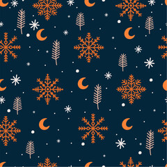 Seamless pattern with different snowflakes on a dark background.