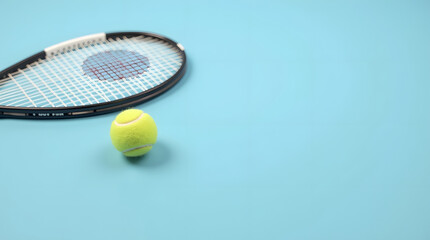 A tennis racket lies on a blue background with a tennis ball. Sports gear close up.