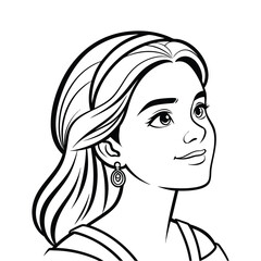 A charming black and white line drawing portrait of a young woman with long flowing hair looking upwards with a gentle smile and wearing a single earring