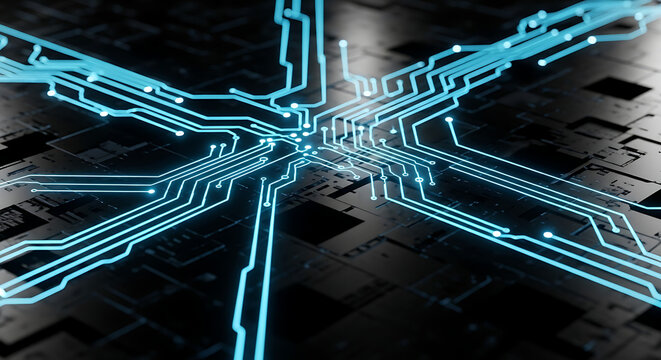 Abstract image of a circuit board with glowing blue lines and connections on a dark surface