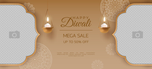 Wedding invitation card. Hindi Diwali holiday horizontal luxury banner. Photo space in gold frame, hanging oil lamps and mandala decor. Diwali Festival Sale Banner