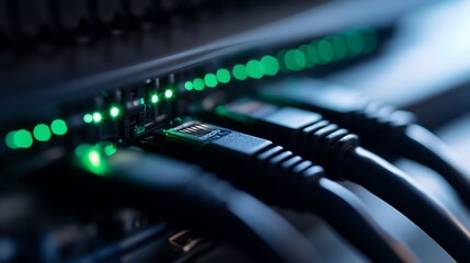 Network Connection: Cables plugged into a server with glowing green lights indicating active data flow and a stable, reliable internet connection.
