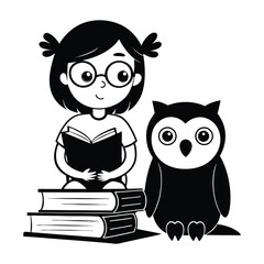 A happy young girl wearing glasses sits on a stack of books reading a story with a cute cartoon owl friend beside her