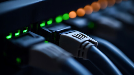 Ethernet cables plugged into a network switch with active lights. Illustrates connectivity, data transfer, and network infrastructure.
