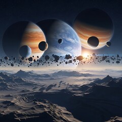 Cosmic Vista - A Landscape Under Alien Skies with Ringed Planets.