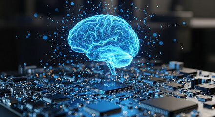 Glowing blue brain hologram hovering above a computer circuit board with blue light particles