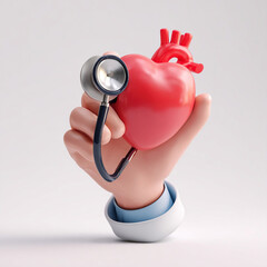 A doctor's stethoscope rests near a red heart, symbolizing medical diagnosis and cardiology healthcare