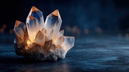 Translucent crystals glow with warm light on a textured dark surface.