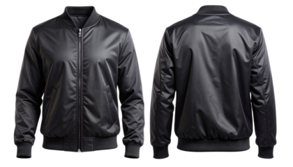 Black Satin Bomber Jacket Front and Back View, isolated on transparent background