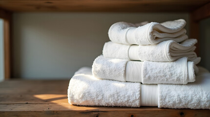 A stack of white towels neatly folded on a wooden shelf. Close up.