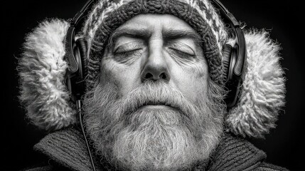 Elderly man wearing headphones and a winter hat with his eyes closed.