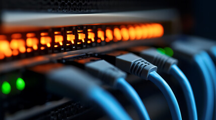 Network cables plugged into a server, creating a complex web of connections for data transfer and communication in a data center environment.