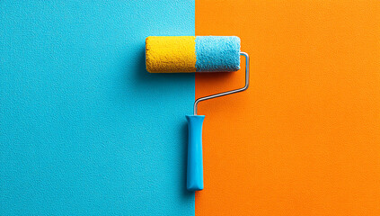 Obraz premium A paint roller with blue and yellow paint, centered in the frame against an isolated bright orange and light cyan background.