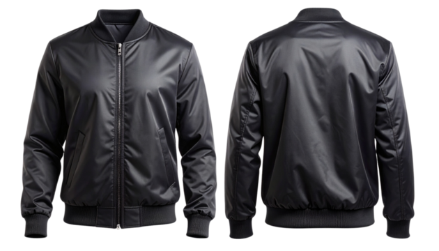 Black Satin Bomber Jacket Front and Back View, isolated on transparent background