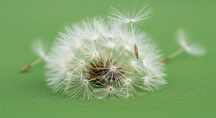 Fototapeta premium Delicate Dandelion Seed Head on Green Background.