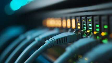 Network Hub Connections: Cables link into server ports with lights indicating active data transfer. Modern data infrastructure in action.