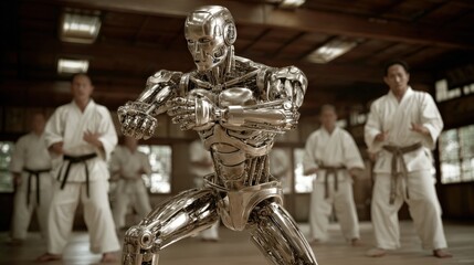 A chrome robot practices martial arts with human students in a dojo.