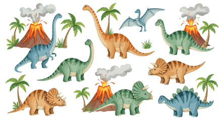 Fototapeta premium A prehistoric jungle scene populated with various species of dinosaurs near erupting volcanoes and palm trees.