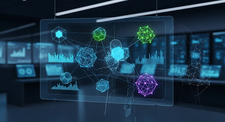 Futuristic display showing data visualization with geometric shapes and human figure outline in blue room