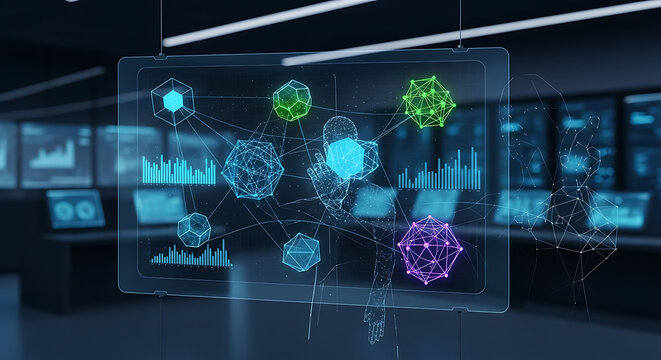 Futuristic display showing data visualization with geometric shapes and human figure outline in blue room